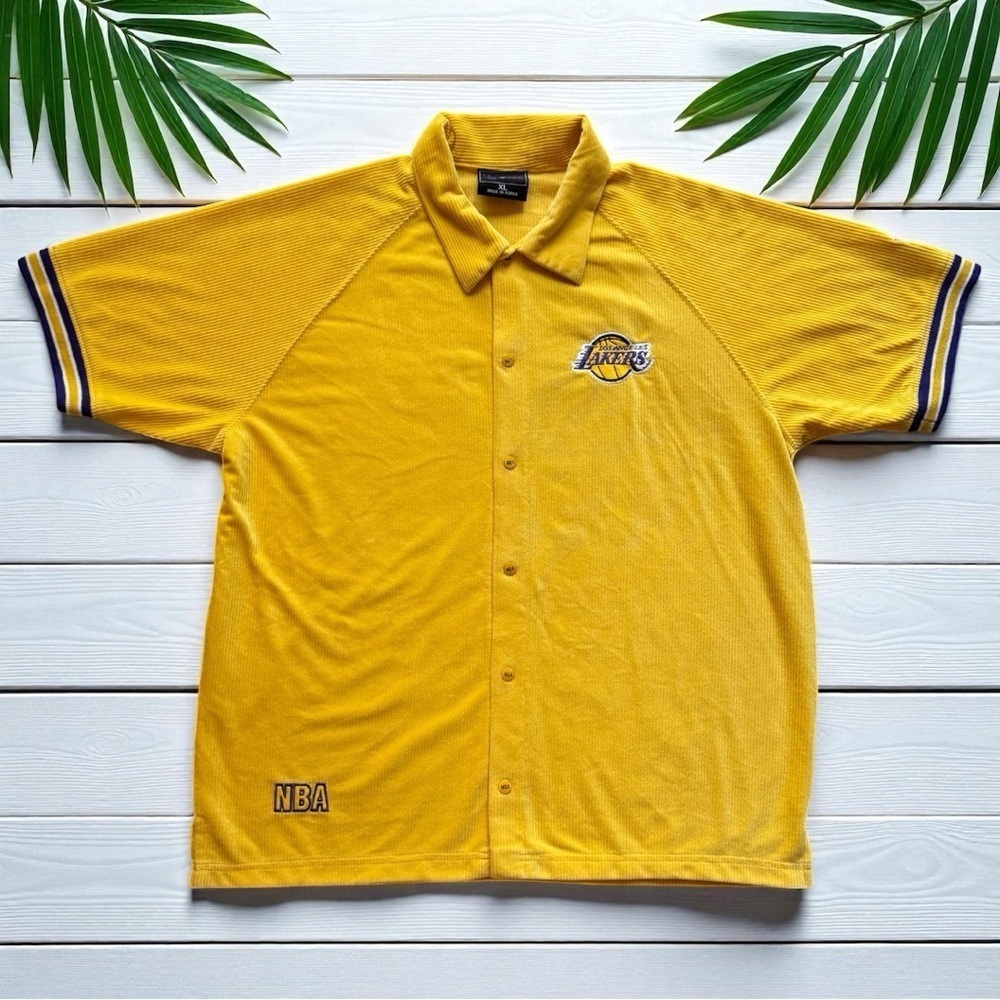 Vintage USG NBA Los Angeles Lakers Button-Up Polo Shirt XL Yellow Corduroy